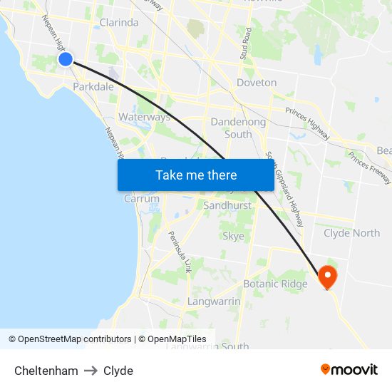 Cheltenham to Clyde map