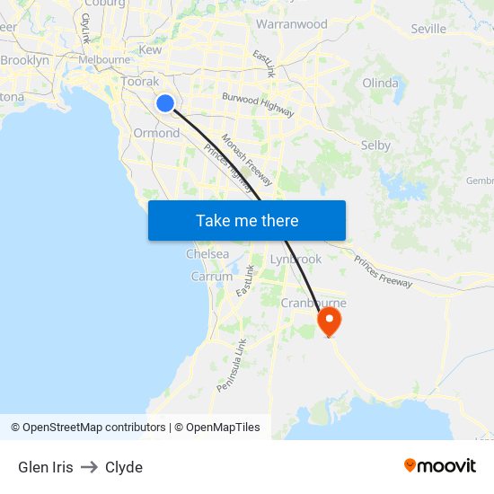 Glen Iris to Clyde map