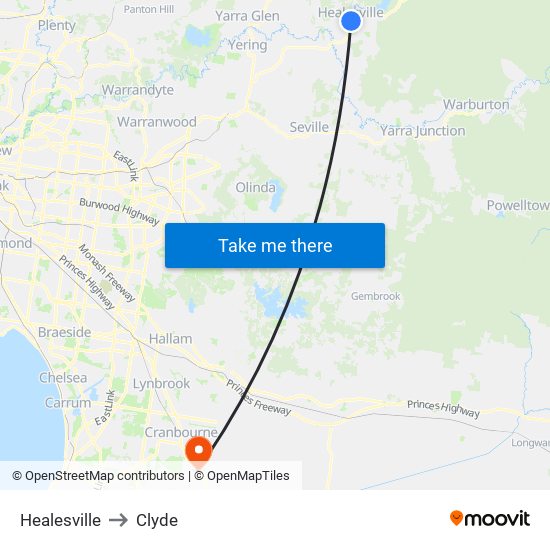 Healesville to Clyde map