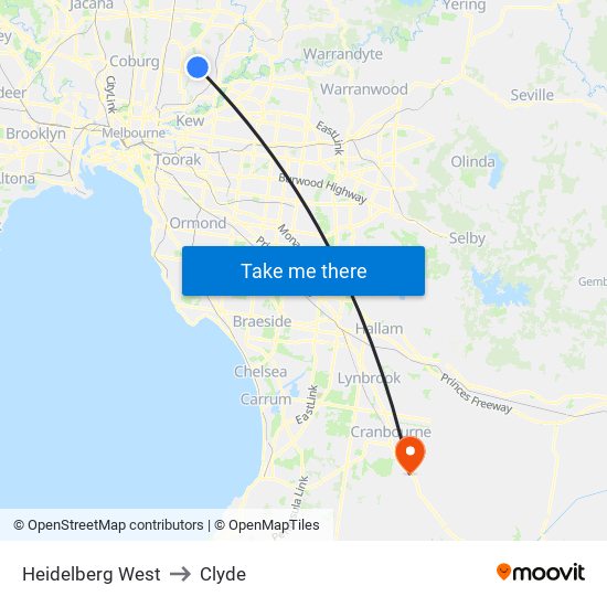 Heidelberg West to Clyde map
