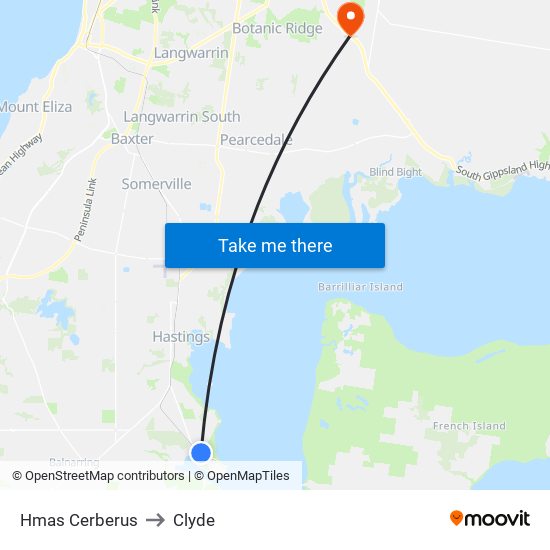 Hmas Cerberus to Clyde map