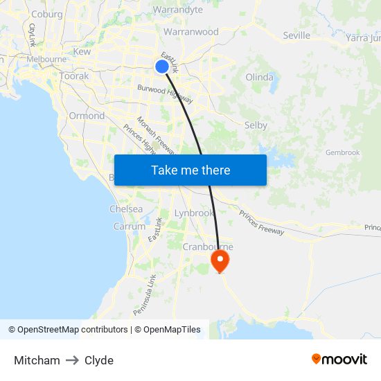 Mitcham to Clyde map