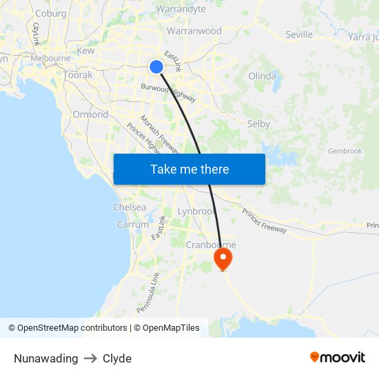 Nunawading to Clyde map