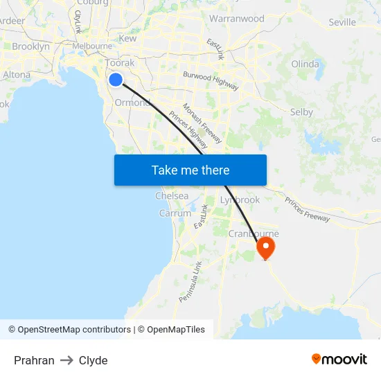 Prahran to Clyde map