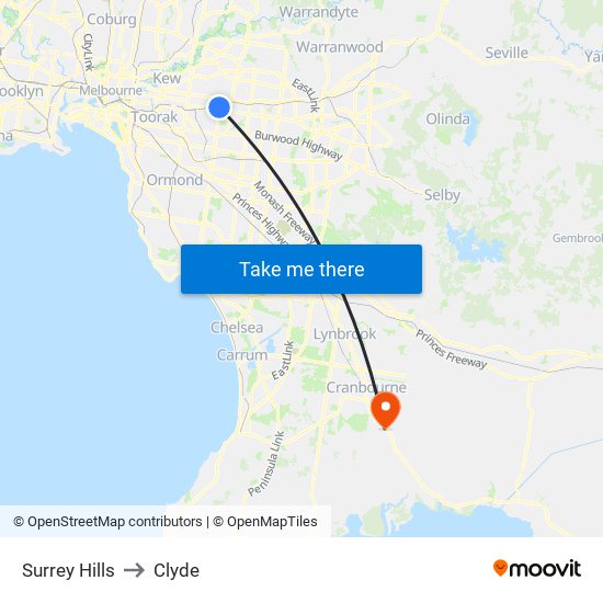 Surrey Hills to Clyde map