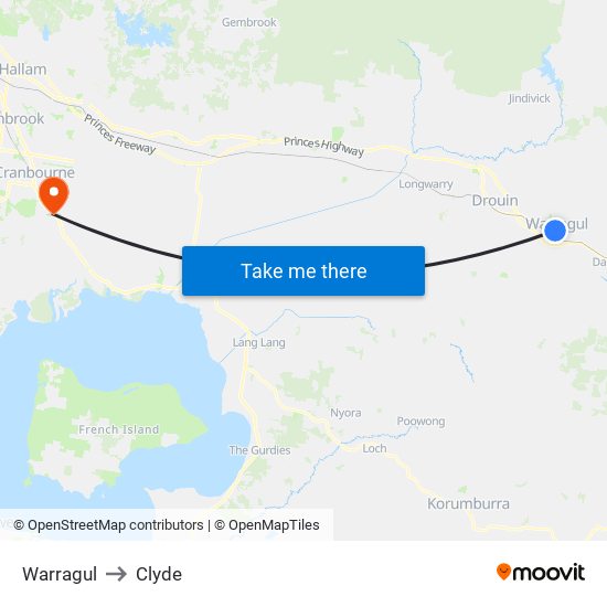 Warragul to Clyde map