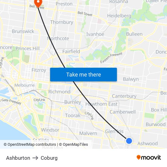 Ashburton to Coburg map