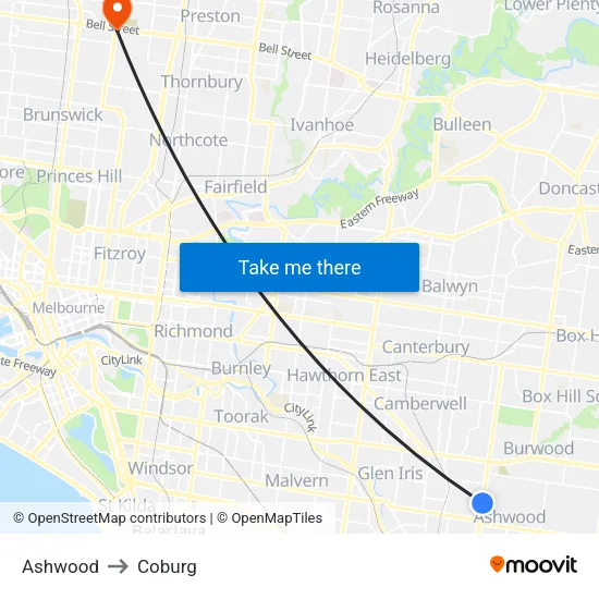 Ashwood to Coburg map