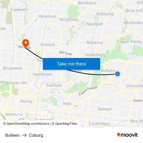 Bulleen to Coburg map