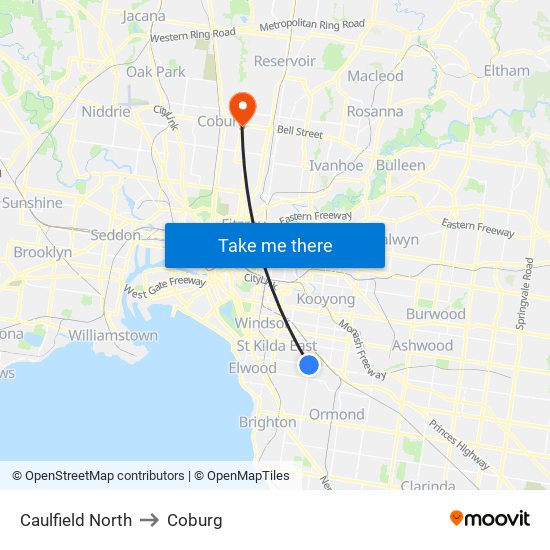 Caulfield North to Coburg map