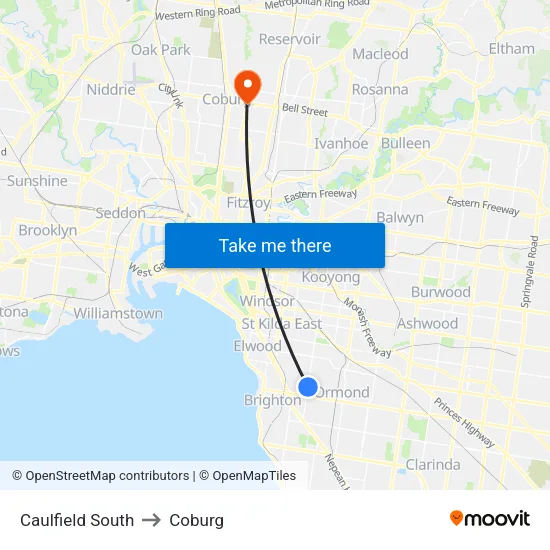 Caulfield South to Coburg map
