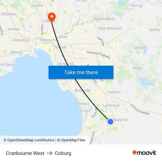 Cranbourne West to Coburg map