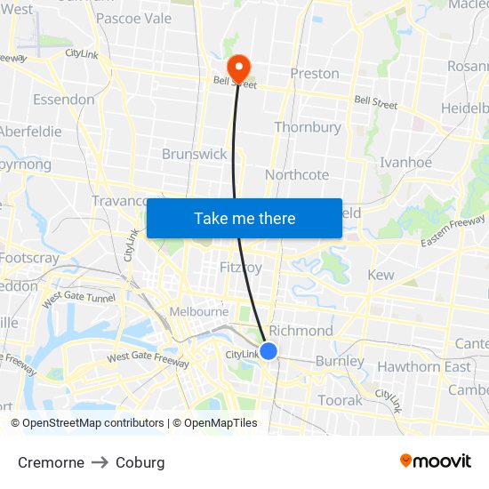 Cremorne to Coburg map