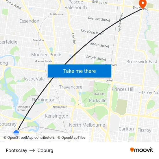 Footscray to Coburg map
