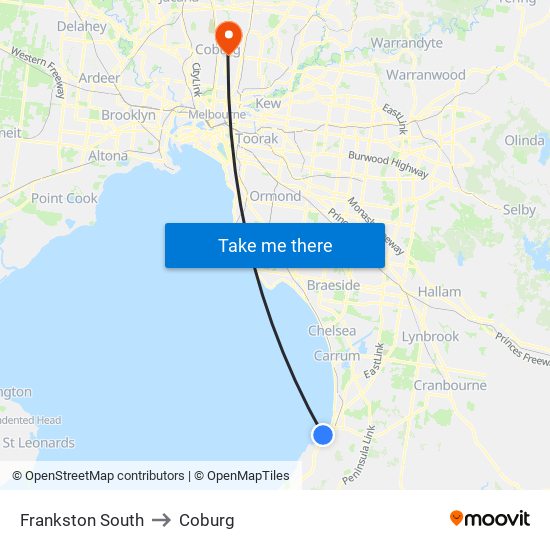 Frankston South to Coburg map