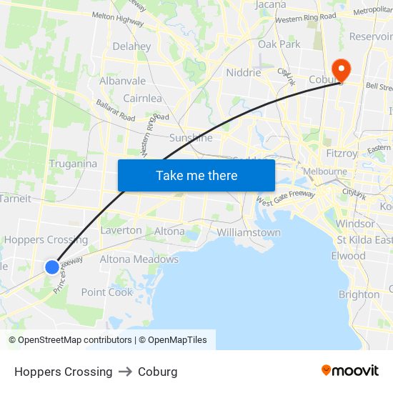 Hoppers Crossing to Coburg map