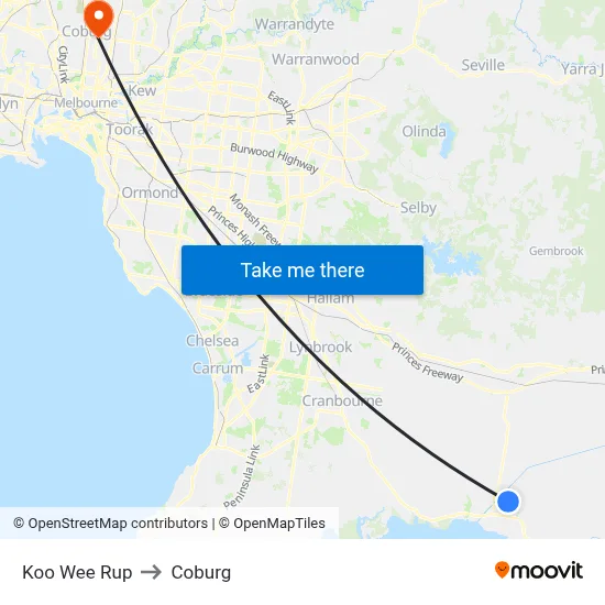 Koo Wee Rup to Coburg map