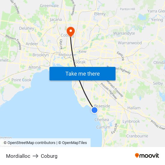 Mordialloc to Coburg map