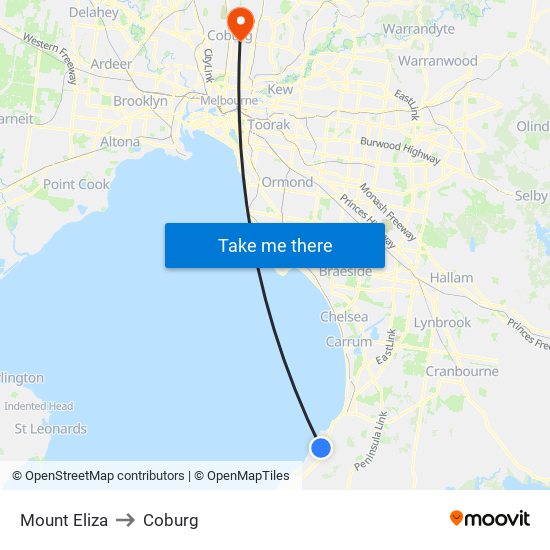 Mount Eliza to Coburg map