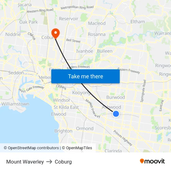 Mount Waverley to Coburg map