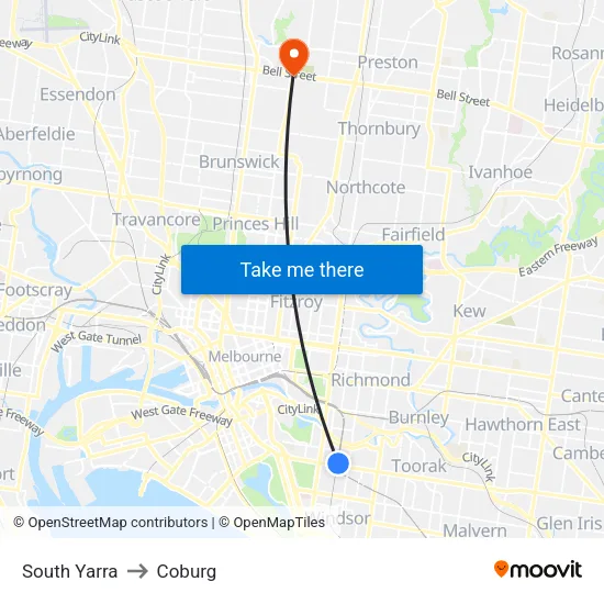 South Yarra to Coburg map