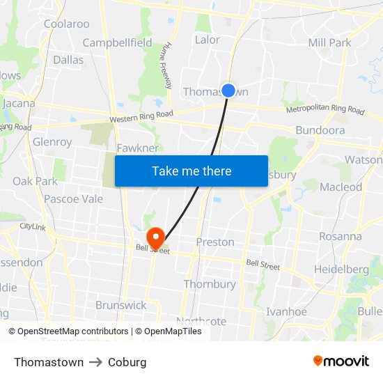 Thomastown to Coburg map