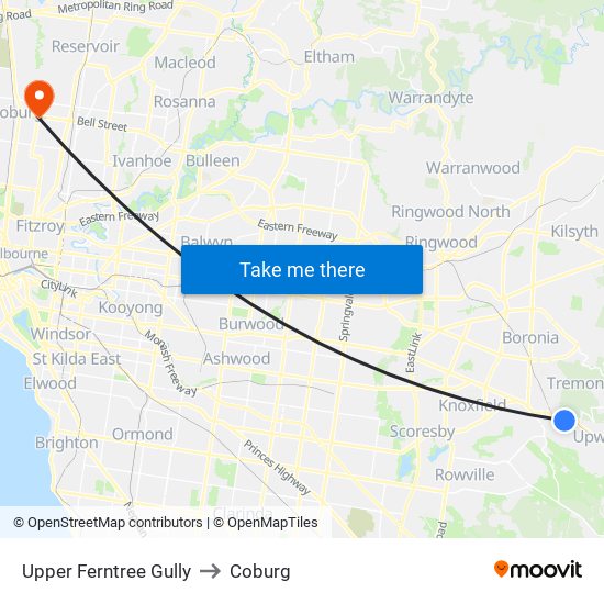 Upper Ferntree Gully to Coburg map