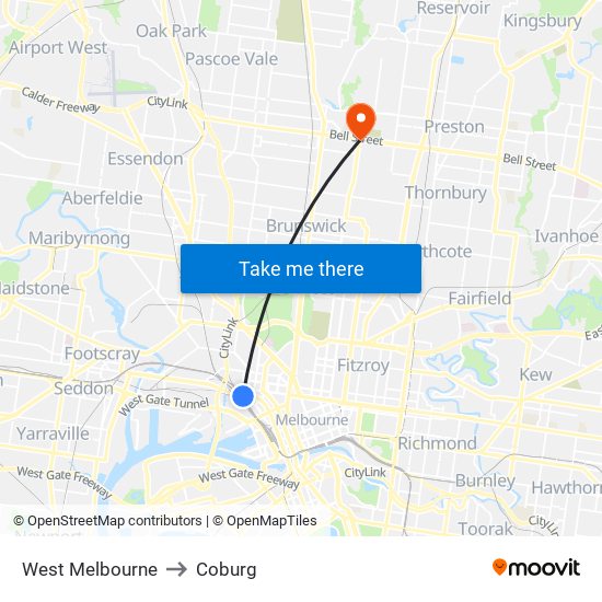 West Melbourne to Coburg map