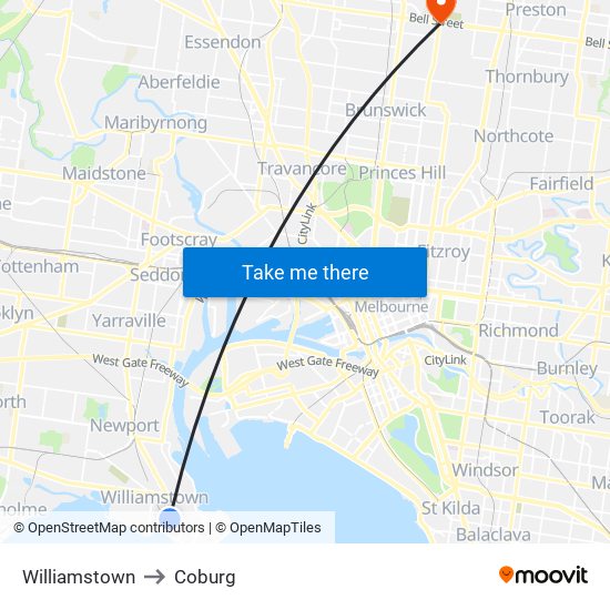 Williamstown to Coburg map