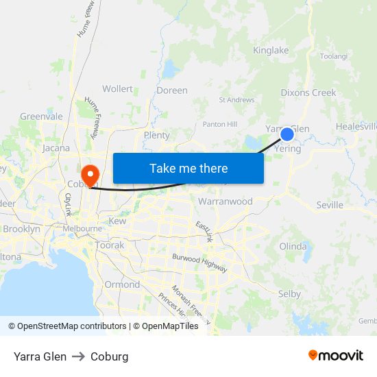 Yarra Glen to Coburg map