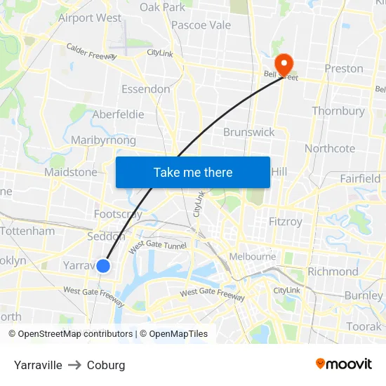 Yarraville to Coburg map