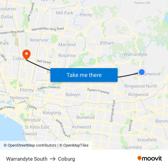 Warrandyte South to Coburg map