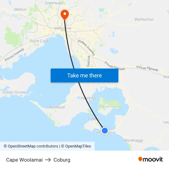 Cape Woolamai to Coburg map