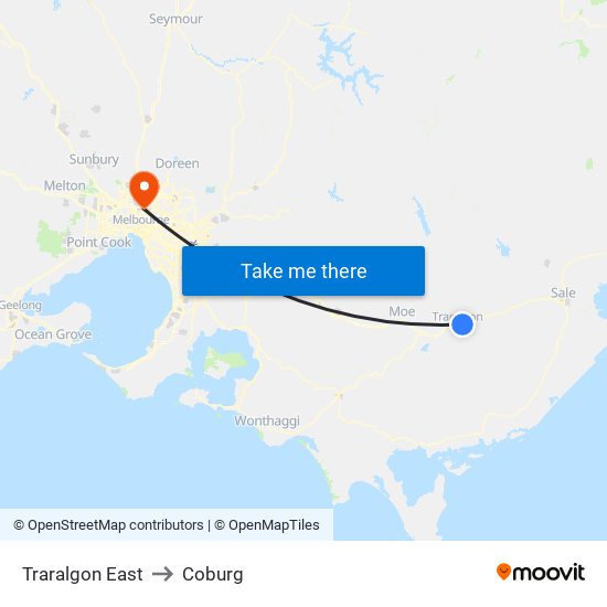 Traralgon East to Coburg map