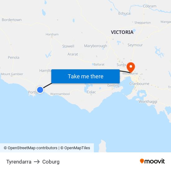 Tyrendarra to Coburg map