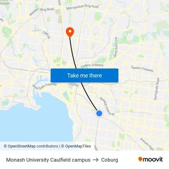 Monash University Caulfield campus to Coburg map
