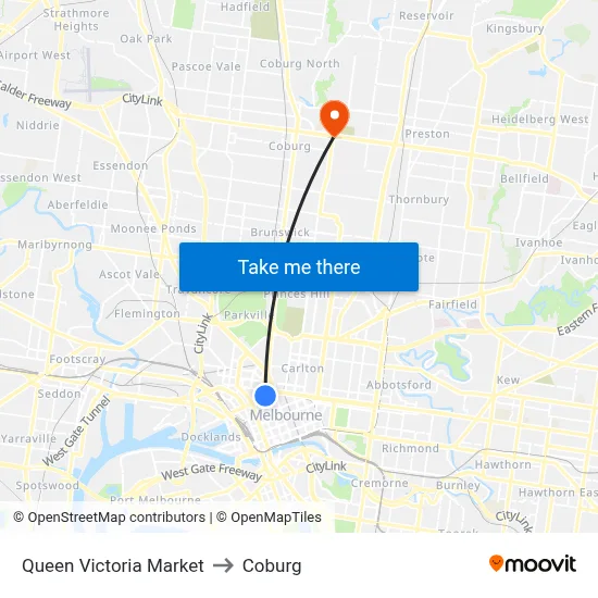 Queen Victoria Market to Coburg map