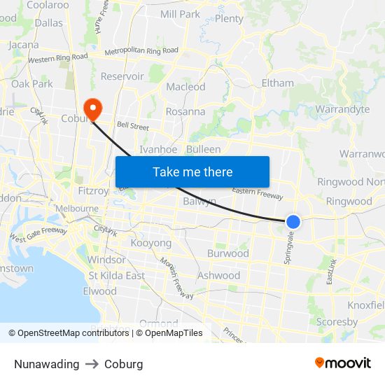 Nunawading to Coburg map