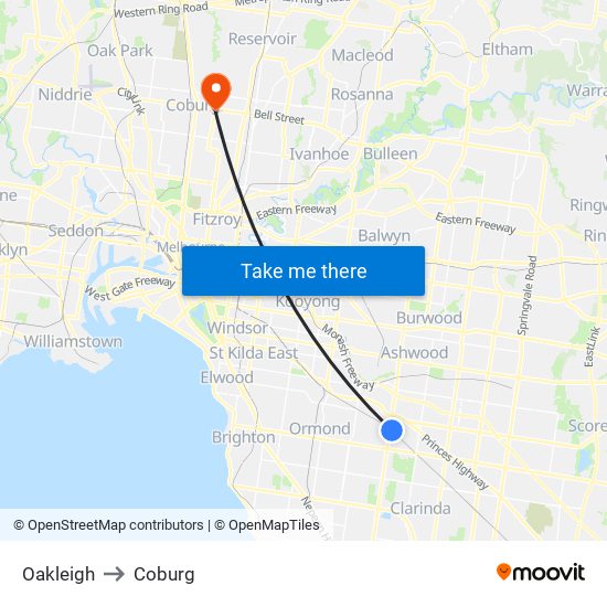 Oakleigh to Coburg map