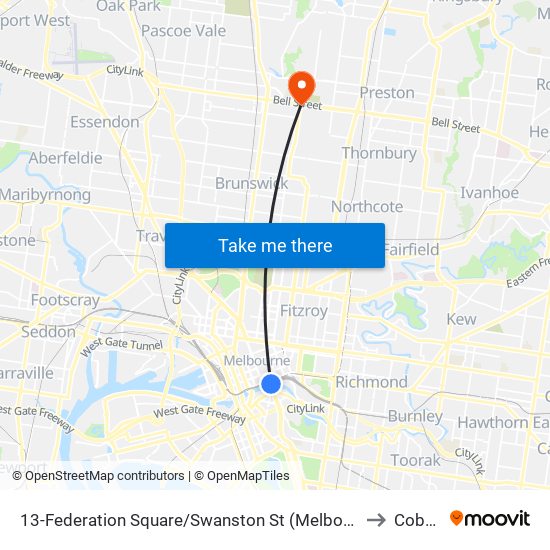 13-Federation Square/Swanston St (Melbourne City) to Coburg map