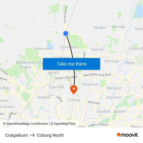 Craigieburn to Coburg North map