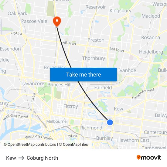 Kew to Coburg North map