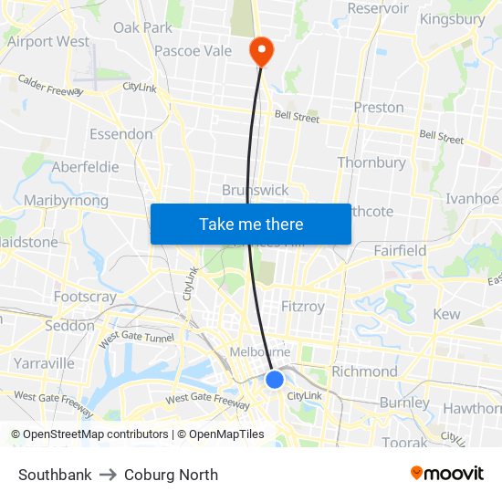 Southbank to Coburg North map