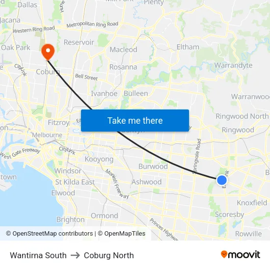 Wantirna South to Coburg North map