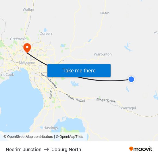 Neerim Junction to Coburg North map