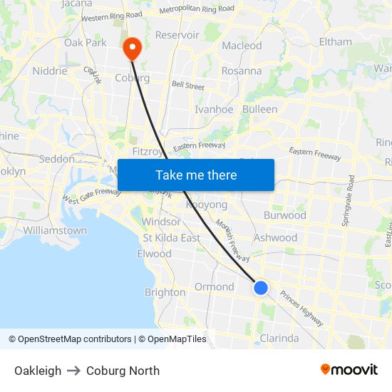 Oakleigh to Coburg North map