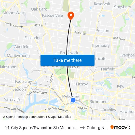 11-City Square/Swanston St (Melbourne City) to Coburg North map