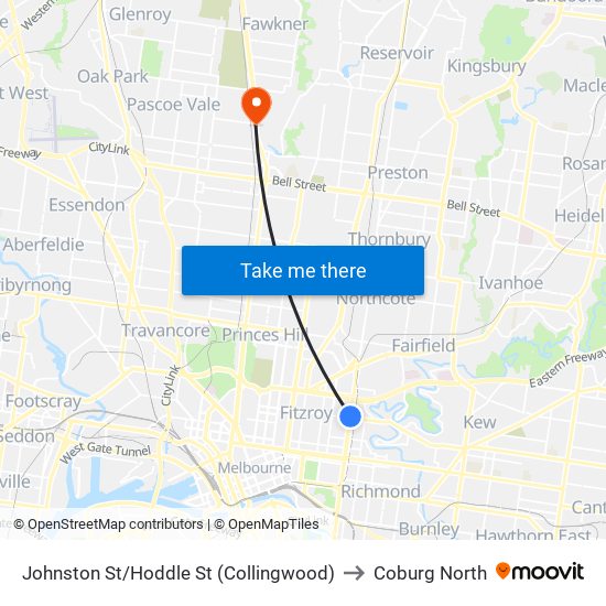 Johnston St/Hoddle St (Collingwood) to Coburg North map