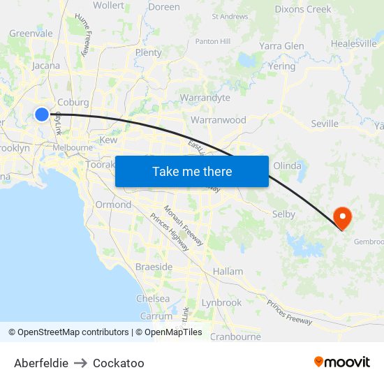 Aberfeldie to Cockatoo map