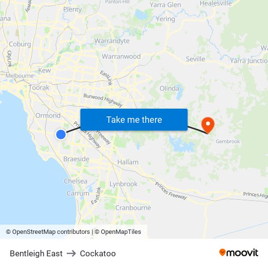 Bentleigh East to Cockatoo map